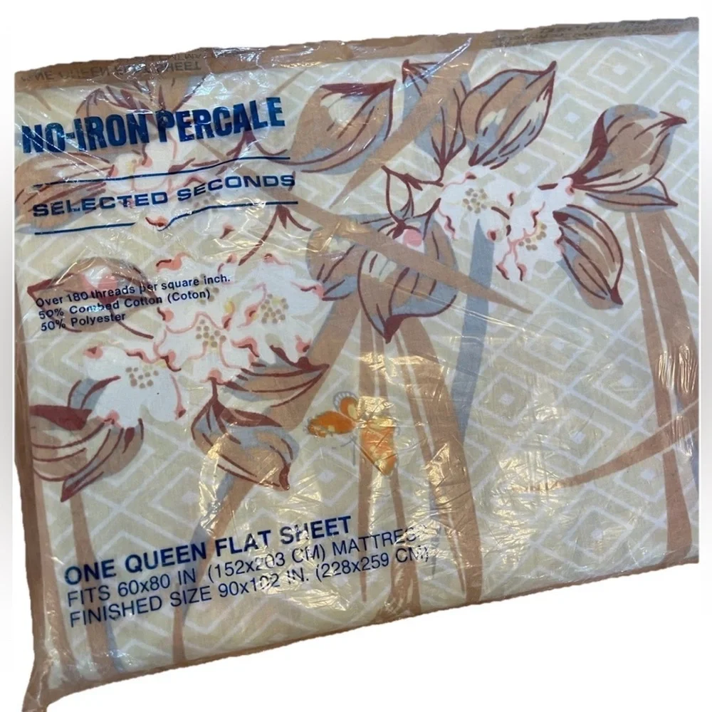 🆕Vintage 1970s Floral Queen Flat Sheet NOS no iron percale 50/50‎ cotton poly